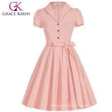 Grace Karin Reverskragen Nylon-Baumwolle Rosa Kurzarm Vintage Retro Style Kleider 1950er Kleid CL008946-2